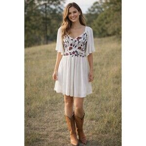 Shyanne Boho Dress Mesh Overlay Embroidered Bell Sleeve Cream  Gauzey Size M